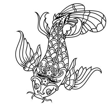 tattoo style black and white illustration of a fish art. Hand drawn fish tattoo. line drawing coloring book vector. clipart