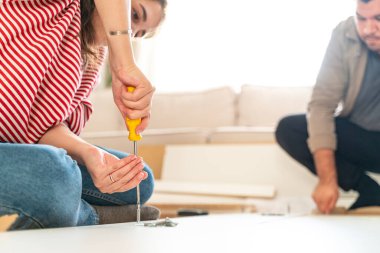 Genç bir çift evlerinde mobilya montajı yaparak evlendi. Elinde tornavida ve kullanma kılavuzunu takip edecek aletlerle. Becerikli çift. Sahibi onlar. Yeni ev, yeni mobilyalar.