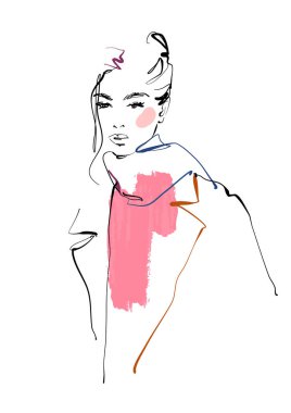 Fashion sketch vector illustration of woman in coat with scarf