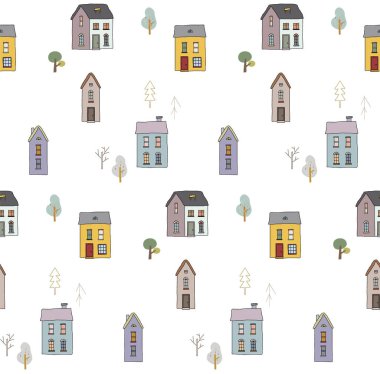 Evler ve ağaçlarla kusursuz bir düzen. Vektör illüstrasyonu