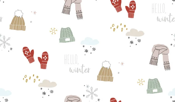 Kış sıcacık, şapkası ve eldivenleri olan, pürüzsüz bir şablon. Vektör illüstrasyonu