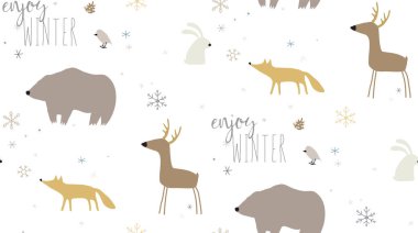 Orman hayvanlarıyla kusursuz kış devriyesi. Vektör illüstrasyonu