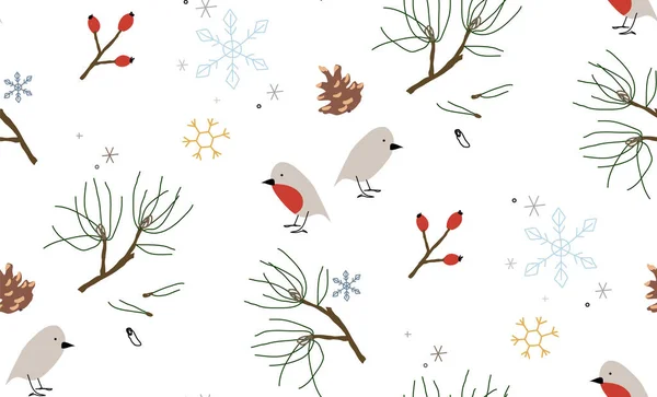 Çam dalları ve kuşlarla kusursuz kış deseni. Vektör illüstrasyonu
