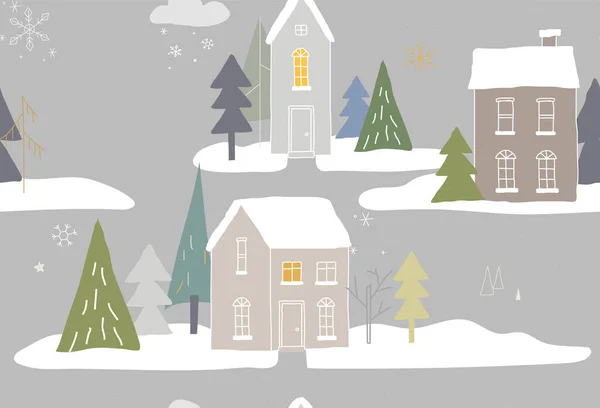 Ormanda evleri olan kusursuz kış desenleri. Vektör illüstrasyonu