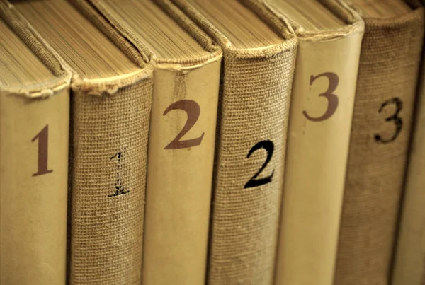 Livros Antigos Usados Biblioteca Três Volumes Uma Estante Cor Sépia — Fotografia de Stock