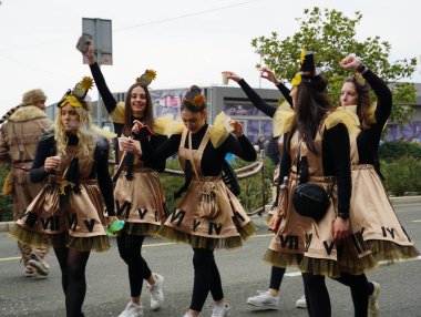 Rijeka, Croatia, 19th February, 2023. Beautiful young cheerful girls having fun at the carnival parade