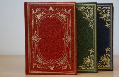 Kitaplıkta çeşitli renklerde deri kaplı üç eski kitap var.