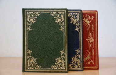 Deri kaplı yeşil, mavi ve kırmızı kapaklı eski kitaplar. Kitap rafında altın detaylar var.