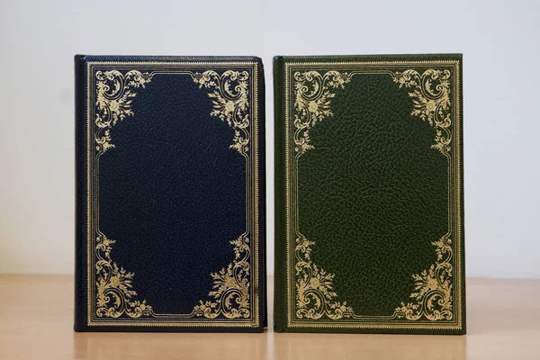 蓝色和绿色的复古书籍封面 有金色的细部框架 书架上用皮革捆扎 — 图库照片