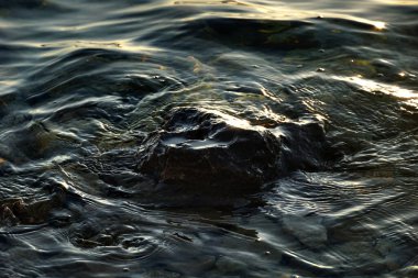 Şeffaf deniz suyu sığ sularda bir taşın üzerine dökülür.