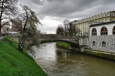 Ljubljana, Slovenya - 29 Mart 2024. Slovenya 'nın başkenti Ljubljana' da yeşil nehir Ljubljanica