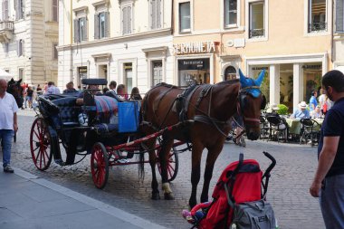 Roma, İtalya, 17 Temmuz 2023. Roma 'daki ünlü İspanyol Mahallesi' nde bir at arabası.
