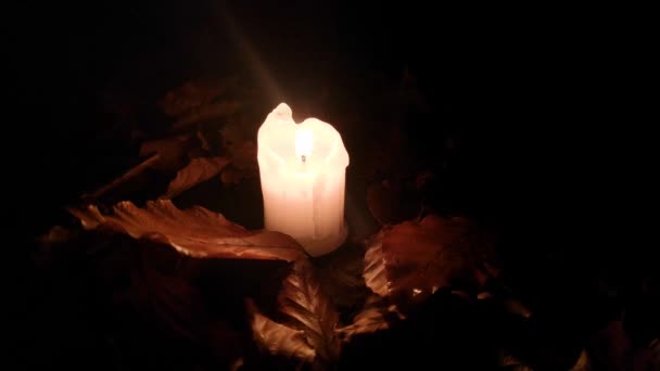 Ogień Świecy Dymem Jesienią Wieczorem — Wideo stockowe