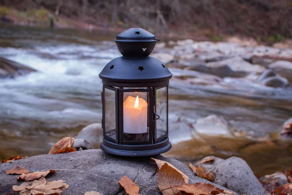 Lantern Burning Candle Stone Mountain Autumn River — Stock Photo, Image