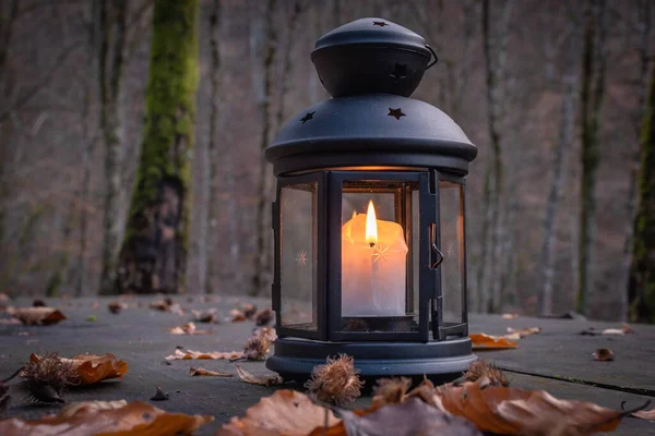 Lantern with burning candle on the table in the evening autumn forest