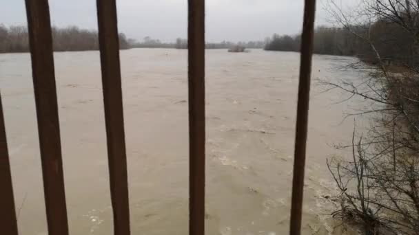 Mountain River Overflows Its Banks View Bridge — Stock Video
