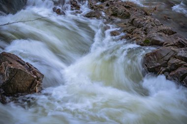 Akıntılı dağ nehri akıntılarda kükrüyor.