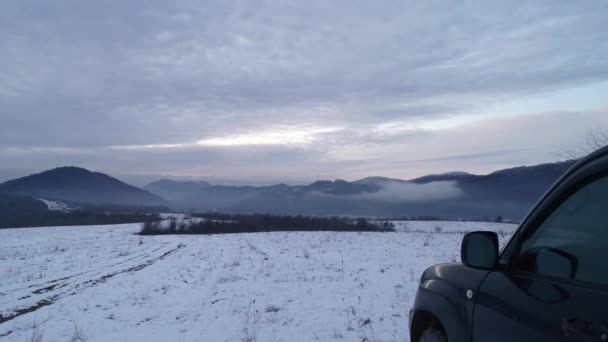 Time Lapse Winter Foggy Evening Mountains Suv — Video