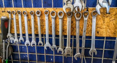A set of tools in a car workshop