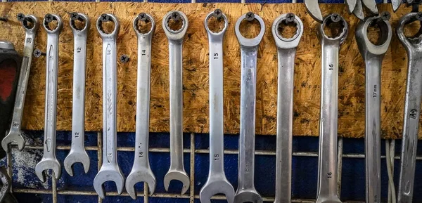 A set of tools in a car workshop