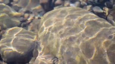 Texture shadows on the stones through the clear water of a mountain river