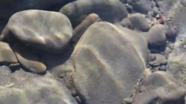 Texture shadows on the stones through the clear water of a mountain river