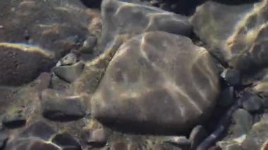 Texture shadows on the stones through the clear water of a mountain river