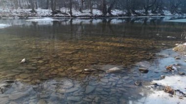 Landscape of a winter mountain river with ice floes