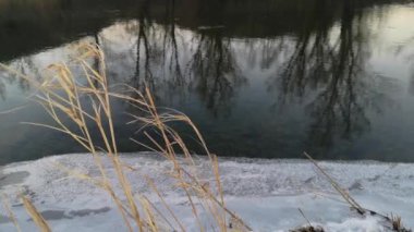Landscape of a winter mountain river with ice floes