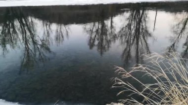 Landscape of a winter mountain river with ice floes