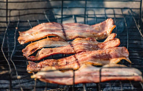 Cooking Bacon Fire Mountain Forest — Foto Stock