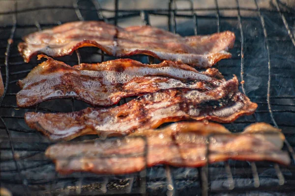 Cooking Bacon Fire Mountain Forest — 图库照片