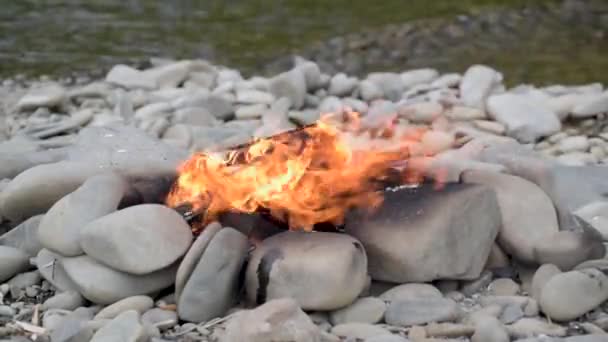 Φωτιά Στην Όχθη Ενός Ορεινού Ποταμού — Αρχείο Βίντεο