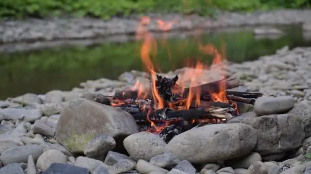 Bonfire Bank Mountain River — Vídeo de stock