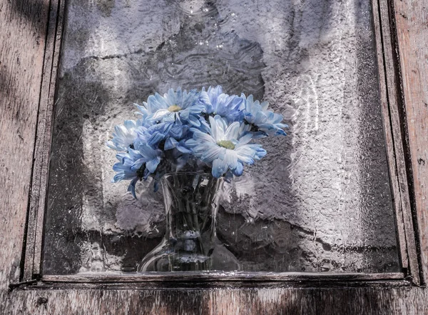 Chrysanthèmes Dans Vase Derrière Verre Avec Pluie — Photo