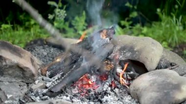 Landscape with campfire surrounded by nature