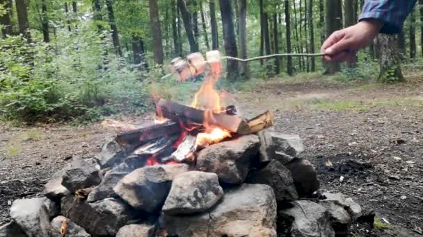 Bir Adam Ormandaki Bir Ateşte Mashmerlow Kızartıyor — Stok video