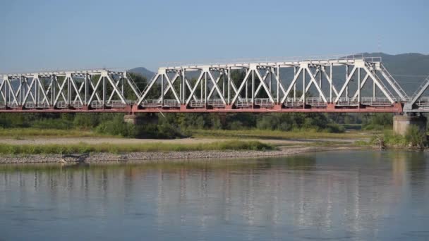 Krajobraz Mostem Kolejowym Nad Górską Rzeką Cisa — Wideo stockowe