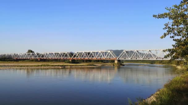 Upływ Czasu Krajobraz Mostem Kolejowym Rzece Tisza — Wideo stockowe