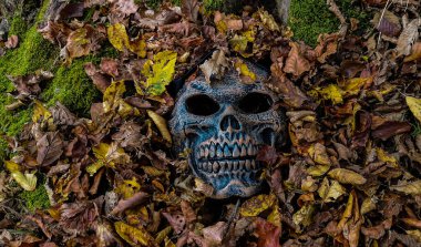 Düşen yapraklardan çıkan canavar maskesi.