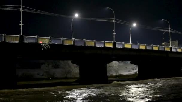 Winter Night Landscape Bridge Uzh River Fog — Stock Video
