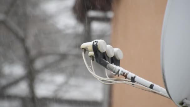 Yoğun Kar Yağışı Altında Parabolik Anten Manzarası — Stok video
