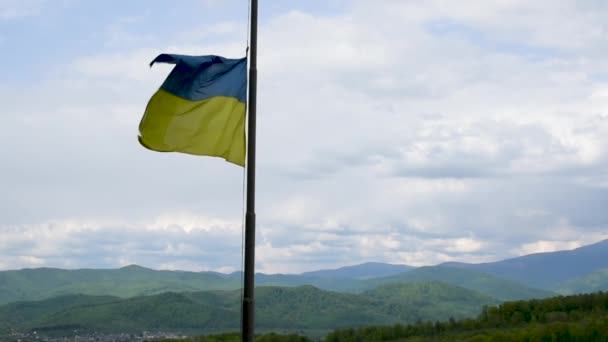 Bandera Ucraniana Media Asta Viento Sobre Fondo Las Montañas — Vídeo de stock