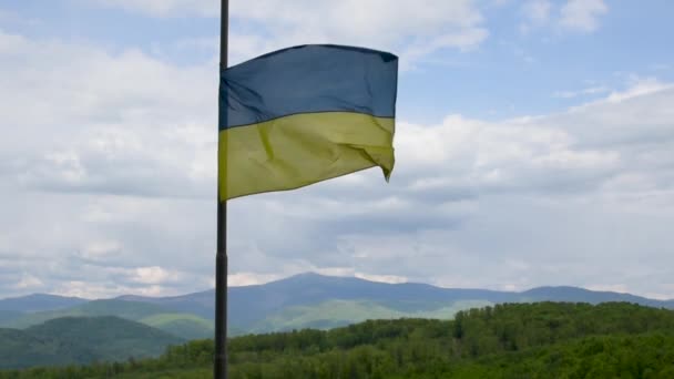Український Прапор Напівстопі Під Вітром Тлі Гір — стокове відео