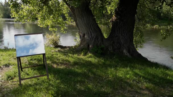 在河岸的画架上挂着巨大的杨树和一面镜子的风景 — 图库视频影像