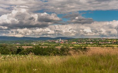 Karpat Dağları vadisindeki köyün bahar manzarası