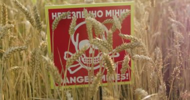 Ukrayna 'da tehlikeli mayın işaretleri ve buğday tarlasında İngilizce