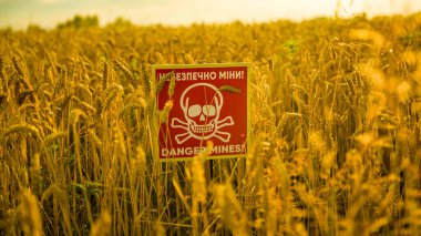 Ukrayna 'da tehlikeli mayın işaretleri ve buğday tarlasında İngilizce
