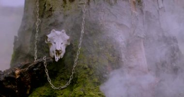 Hayvani kafatası, ağacın yanında, dumanın içinde.