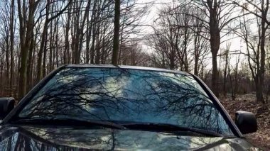 Dağ bahar ormanında bir SUV.